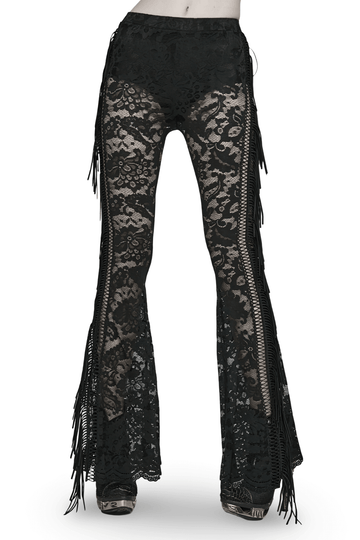 Gothic Flare Pants in Stylish Black Lace with Fringe